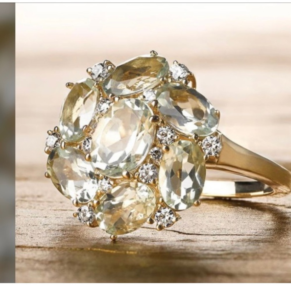 Flower Ring - Gold, Green Quarts, Diamonds